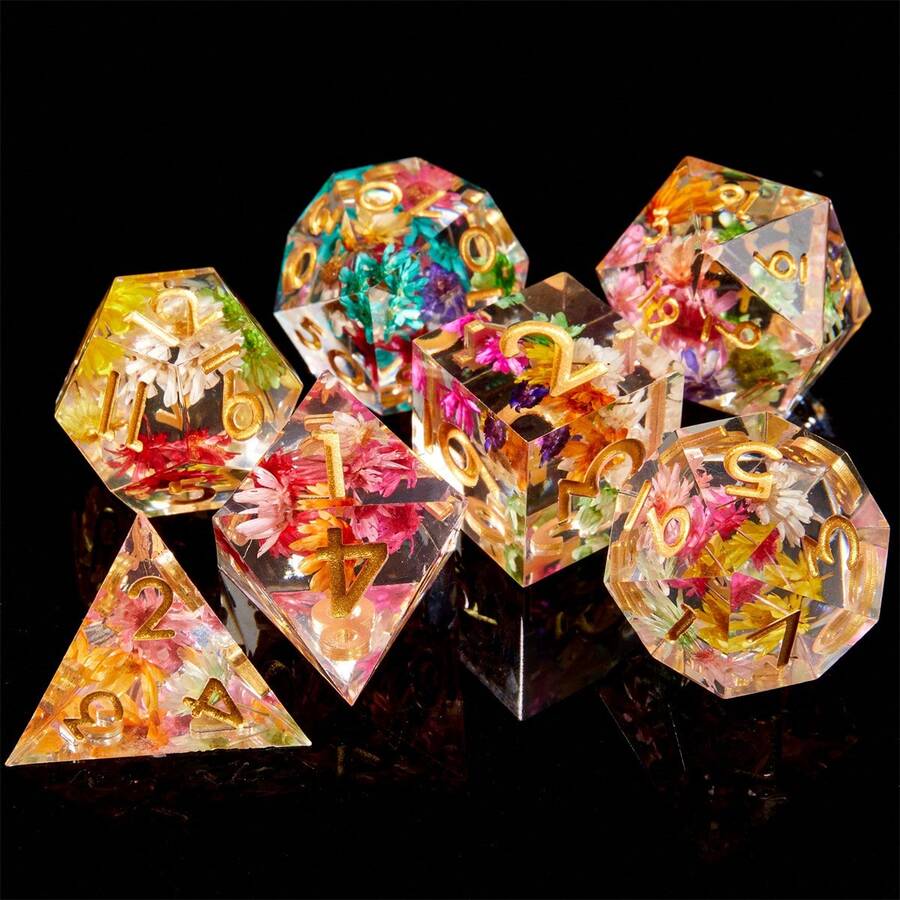 7pcs Resin D&D Dice Set, Role Playing Tabletop Game Dice, Sharp Edge Dice, D&D Gift, Blooming Flower Design - Multicolor - View 1