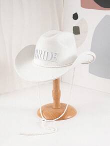 1pc Solid White Wedding Hat, Unique Embroidered Letter "Bride" White Boho Cowgirl Hat, Music Festival Felt Hat, Panama Hat With Ribbon Decor, Suitable For Outdoor, Western Music Festival, Party, Western Gathering, Wedding - Bride - View 8