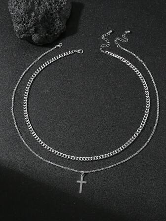 2件套十字架吊坠双层男士项链日常时尚魅力项链配饰