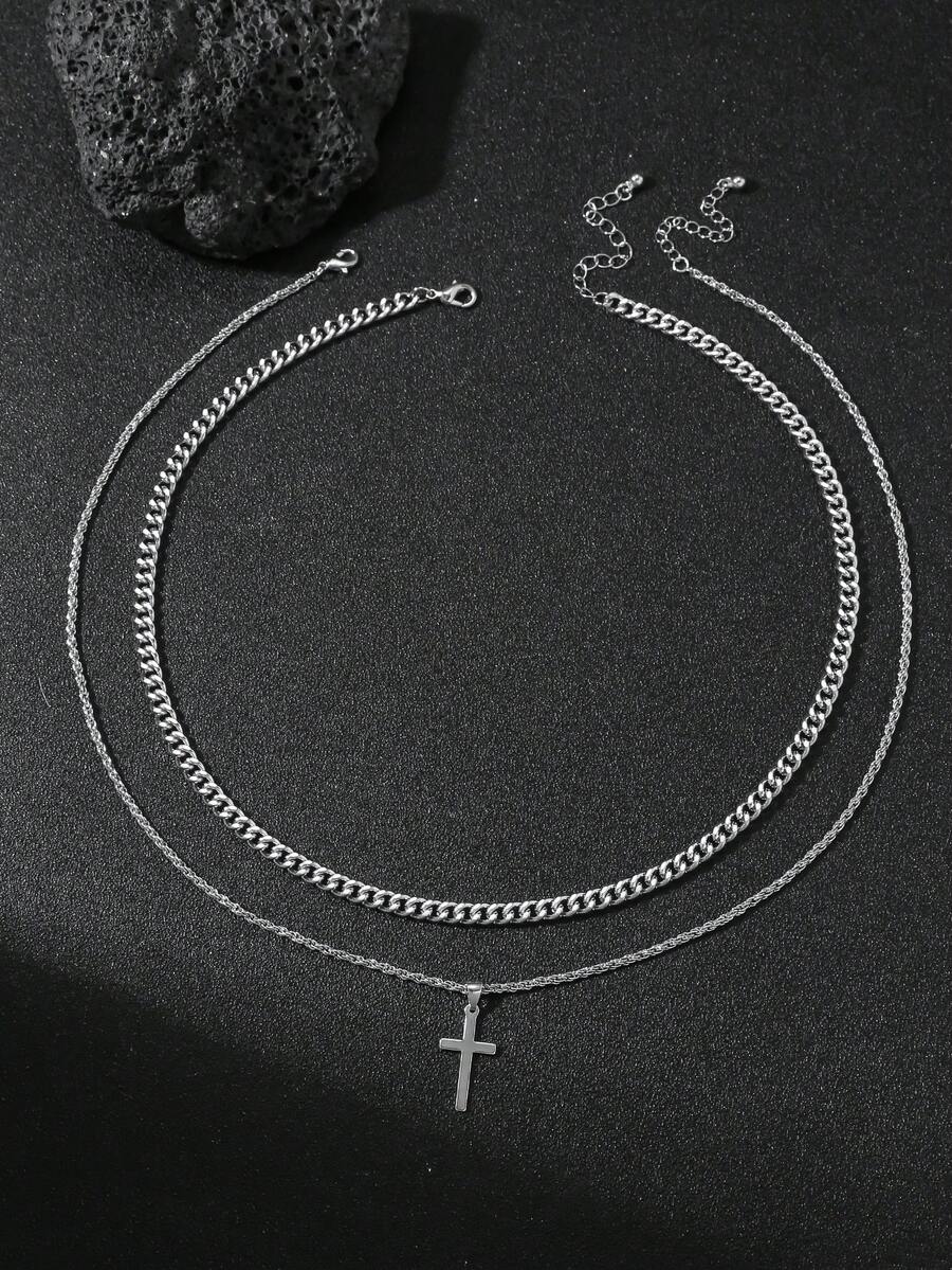 2件套十字架吊坠双层男士项链日常时尚魅力项链配饰