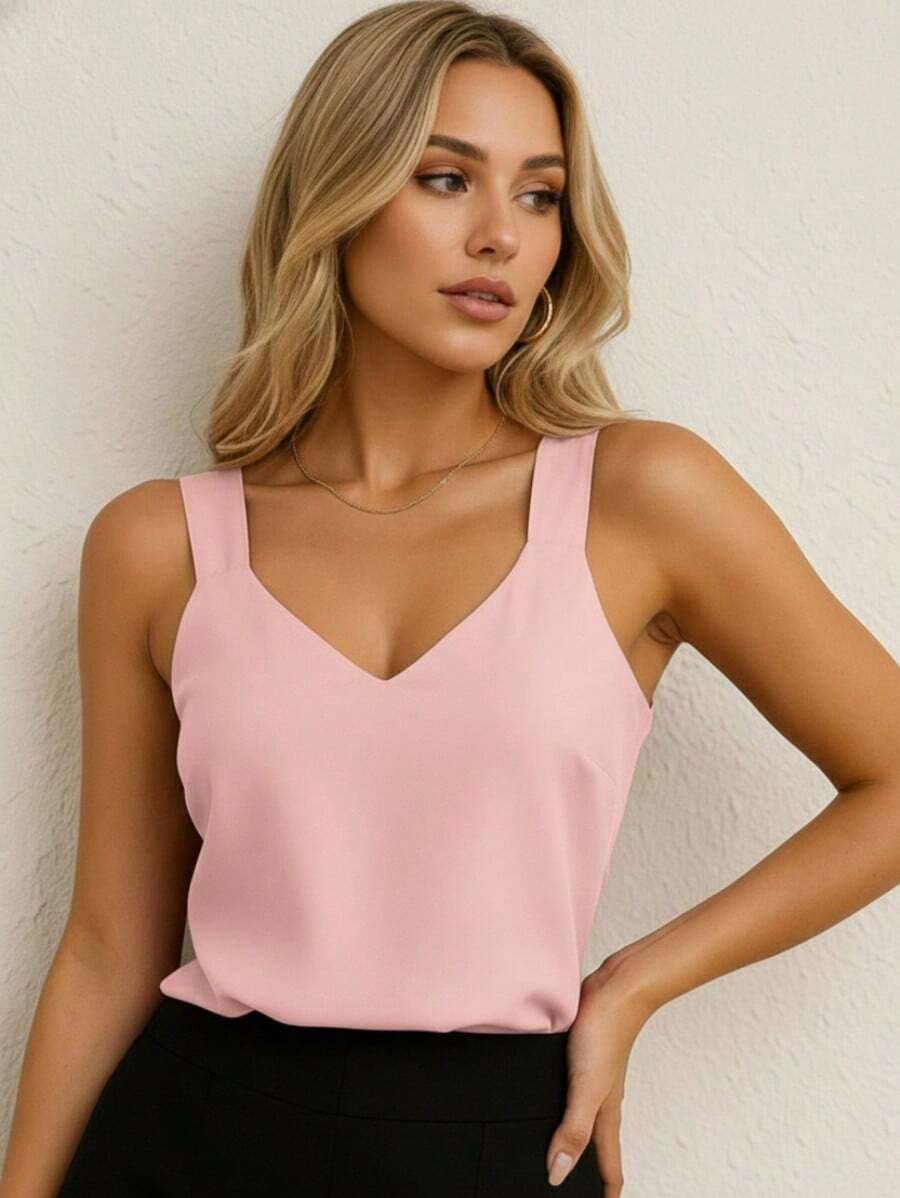 Women's Tank Top With Wide Straps, Viscose Linen, V-Neck – Basic, Cool And Elegant For Summer - Màu Hồng baby - Xem 1
