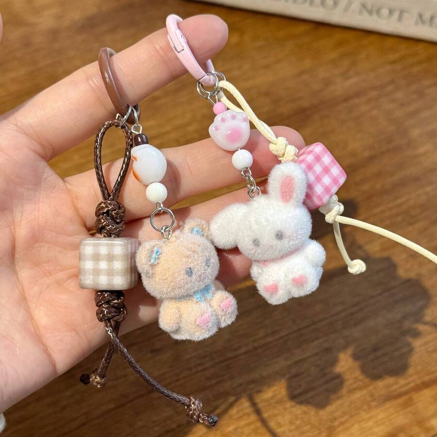Cute Rabbit & Bear Flocked Pendant, Versatile Bag/Camera Charm, Simple Keychain, Phone Case, Gift For Birthday, Holiday, Perfect Present - Multicolor - View 1