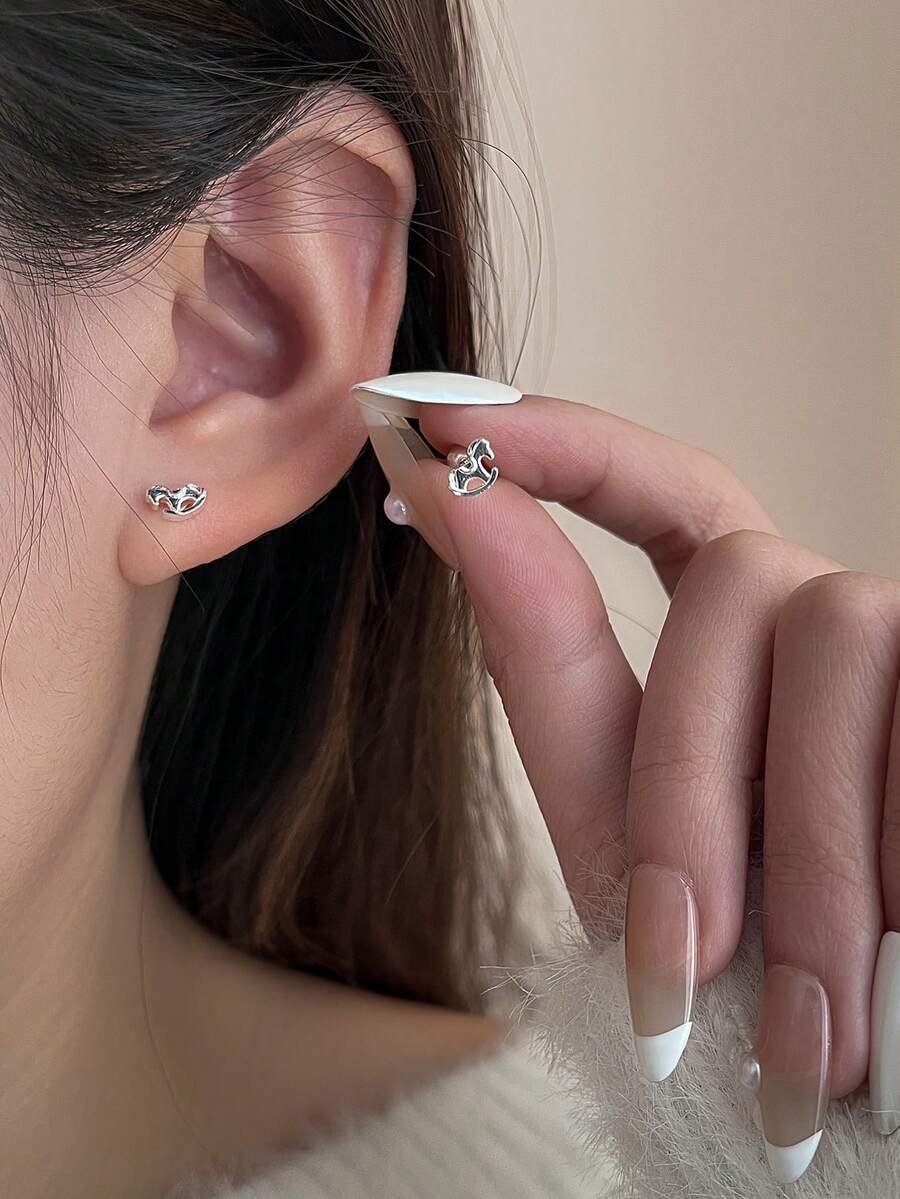 1对可爱小马耳钉，简约金属精致耳夹饰品，适合女性日常通勤、约会、萌系穿搭 - 銀色 - 查看 1