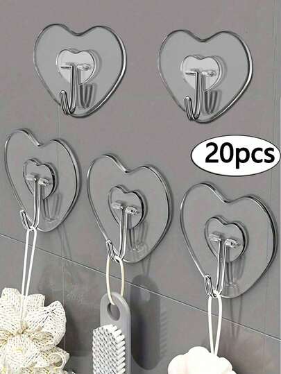 1-20pcs Strong Adhesive Clear Wall Hooks - Heart-Shaped Casual Style, Easy To Install, No Drilling Required, Suitable For Walls Or Solid Surfaces In Kitchens, Bathrooms, Bedrooms, Garages, Etc. Organizes And Stores Cords, Bags, Shelves, Miscellaneous Items, Light Fixtures, Power Strips, Clothing, And Handbags. Wall-Mounted Storage Rack, Bathroom Storage Rack, Practical Plastic Hooks, Storage Hooks, Bathroom Decorations, Home Furnishings, Home Decor.