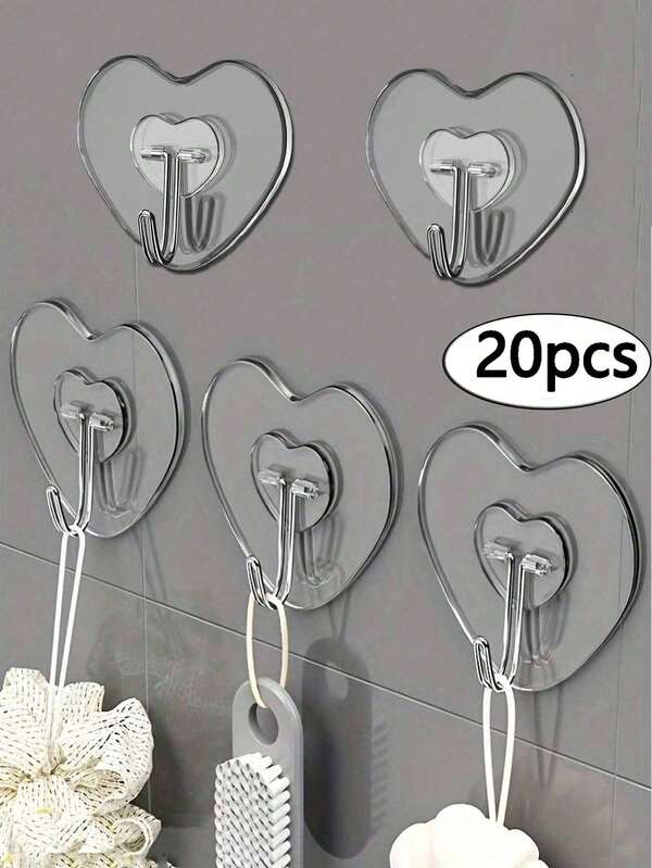 1-20pcs Strong Adhesive Clear Wall Hooks - Heart-Shaped Casual Style, Easy To Install, No Drilling Required, Suitable For Walls Or Solid Surfaces In Kitchens, Bathrooms, Bedrooms, Garages, Etc. Organizes And Stores Cords, Bags, Shelves, Miscellaneous Items, Light Fixtures, Power Strips, Clothing, And Handbags. Wall-Mounted Storage Rack, Bathroom Storage Rack, Practical Plastic Hooks, Storage Hooks, Bathroom Decorations, Home Furnishings, Home Decor.