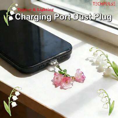 Tapón antipolvo floral elegante y de moda, diseño de colgante de lirio del valle, adecuado para Lightning/Tipo-C/Android, tapón antipolvo para puerto de carga para proteger y embellecer su teléfono inteligente/tableta/auriculares Bluetooth. Regalo para madre, familia, amigos, niños, cumpleaños, vacaciones, accesorios para teléfonos, adorno para teléfono