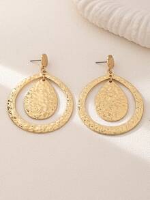 一对欧美时尚长款简约百搭镂空水滴锤纹经典极简垂坠耳环 - 金色 - 查看 4