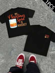 Mon esprit de Noël, c'est le whisky – T-shirt en coton doux, col rond, coupe décontractée, confortable, imprimé original re cto verso - Noir - Voir 1