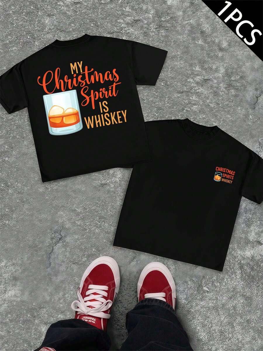 Mon esprit de Noël, c'est le whisky – T-shirt en coton doux, col rond, coupe décontractée, confortable, imprimé original re cto verso - Noir - Voir 1