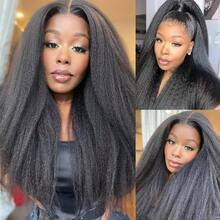 13x6蕾丝前置蓬松直发假发高清透明Yaki直发前额闭合真人发假发女士180%密度无胶假发预先拔毛带婴儿发 - Natural Black - 查看 5