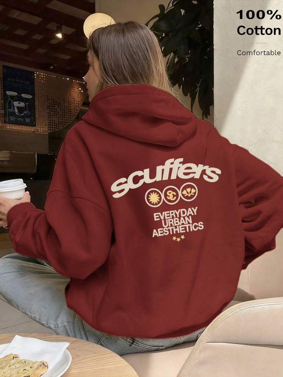 2026新款綠色女士連帽衫，時尚圖案印花，'Scuffer'文字裝飾休閒百搭衛衣，中性落肩長袖設計，舒適純棉，適合春夏季男女共穿，日常咖啡約會讓人心情愉快的理想禮物 - 銹紅色 - 查看 1