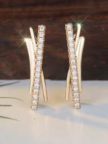 一对闪亮白色立方氧化锆X形镀金女士耳环 - 奢华情人节节日礼物，适合派对、日常佩戴和送礼，四季皆宜 - Golden - 查看 2