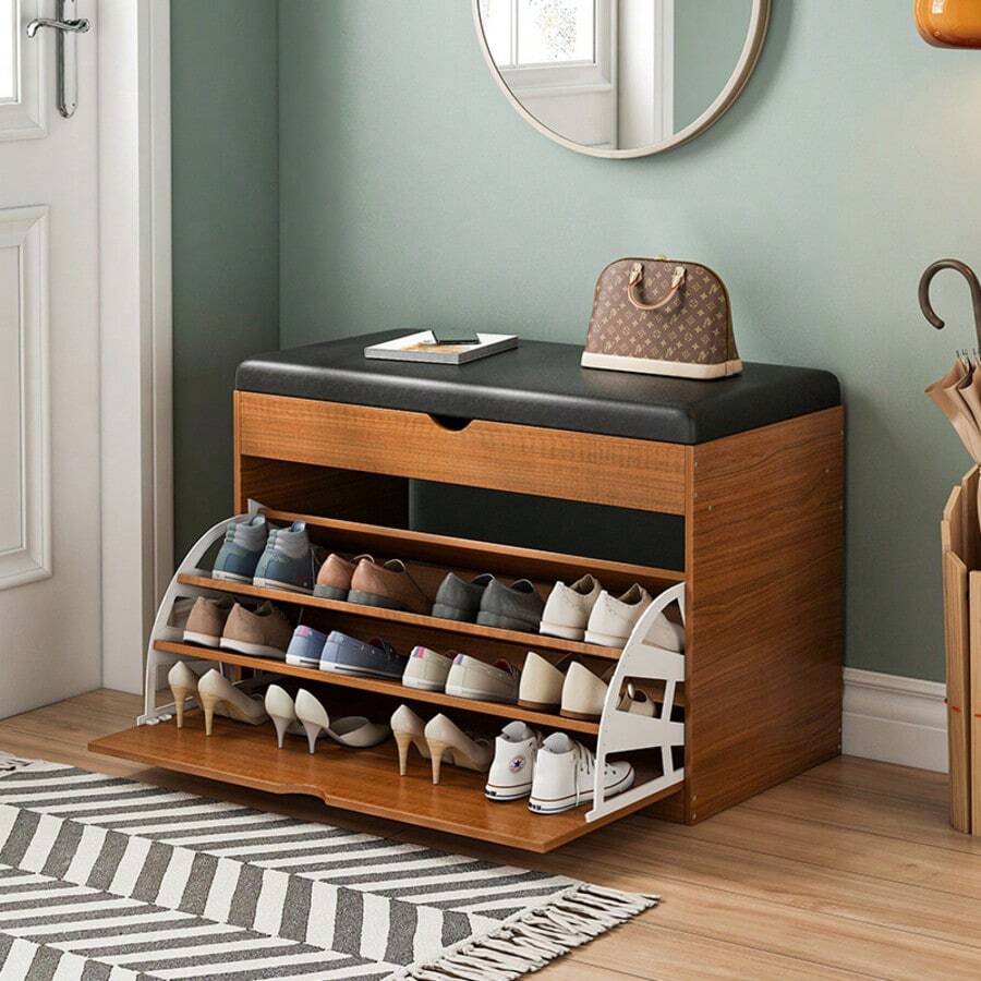 Shoe Cabinet, Shoe Rack Bench With Flip Drawers, Shoe Storage Organizer, 3-Tier Easy-To-Assemble Shoe Rack, Entryway-Specific Shoe Rack, Hidden Storage Rack, Shoe Storage Furniture With Stool, Suitable For Entryway, Cloakroom And Bedroom - màu nâu - Xem 1