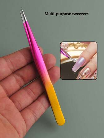 1 st. spetsig pincett med tonad färg, mångsidig pincett för nagelkonst, lämplig för män och kvinnor för att applicera nagelklistermärken, lösögonfransar