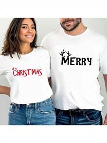 (Paquete individual) Camisetas a juego para parejas de Navidad - Diseño de cuernos de Navidad, perfectas para fiestas navideñas, atuendos festivos, ropa de pareja de temporada, ropa casual de vacaciones, tela cómoda, material transpirable, camisetas de Navidad - Pieza única - Blanca - Para mujer - Ver 2