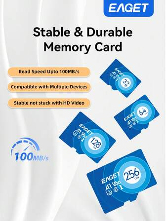 EAGET Tarjeta de memoria 256GB/128GB/64GB/32GB Clase A1 Clase 10, lectura a alta velocidad de 100MB/s, estable y duradera para grabación de video HD, compatible con teléfono, cámara, tableta y talla grande.