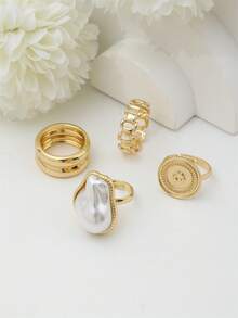 4Pcs/Set Vintage Faux Pearl Irregular Geometric Rings For Women Wedding Finger Jewelry Gifts ﻿ - Yellow Gold - View 5