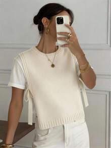 女士休闲优雅侧边打结圆领针织上衣纯色背心套头衫无袖毛衣休闲简约风街头服饰上学居家度假外出穿搭白色女式上衣 - 白色 - 查看 2