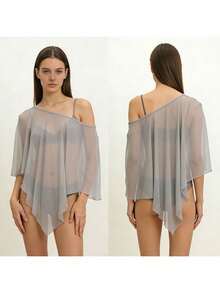 Women Sheer Tops, Solid Irregular Cover-up Loose Summer Clubwear for Street Party - Gris - Ver 4