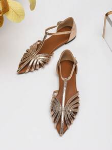 Sandalias planas con forma de abanico y tira en T de color dorado metálico, con puntera puntiaguda y hebilla en el tobillo, zapatos de vestir de verano para mujer - Champán - Ver 4