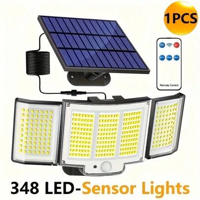 Outdoor Solar Lamp, Motion Sensor Lamp With 348 LEDs, Wall Lamp With Remote Control, Wall Lamp From Dusk To Dawn, With 3 Lighting Modes, IP65, Street Lamp, Safety LED Floodlight, 5.03-Meter Cable, Suitable For Indoor And Outdoor Use