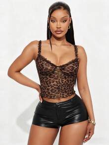 豹纹透视网纱荷叶边吊带露脐上衣，性感复古修身款，适合春夏穿着 - 咖啡棕 - 查看 6