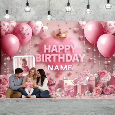 1 pieza Pancarta de cumpleaños personalizable con foto y texto (29*39 39*59 70*90) pulgadas con destellos, color oro rosa, acentos florales rosas - Elegante corona floral de globos y decoración para mesa de pastel, photocall y fiesta al aire libre, decoraciones para fiesta de cumpleaños
