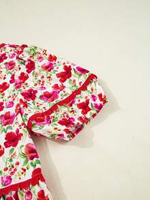 Acelitt Red Floral Puff Sleeve Tiered Ric Rac Pocketed Mini Dress - Multicolor - View 8