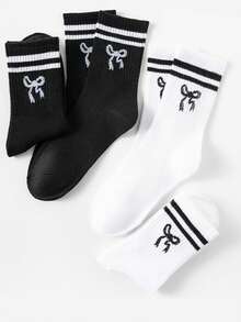 1/5/10 Pairs New Bow Tie Mid-Calf Socks, Thick Mid-Calf Socks With Striped Bow Tie Design, Suitable For Various Outfits, Unisex Couple Mid-Calf Socks