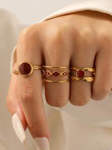 Set de 3 anillos geométricos abiertos vintage minimalistas y elegantes chapados en acero inoxidable, ajustables para uso diario, fiestas y citas de mujeres - conjunto de tres piezas - Ver 10