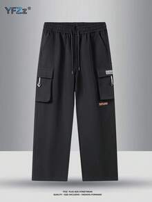 Plus Size Men's Spring/Autumn New American Style Durable Cargo Pants, Multi-Pocket Slimming Long Trousers - Black - View 3