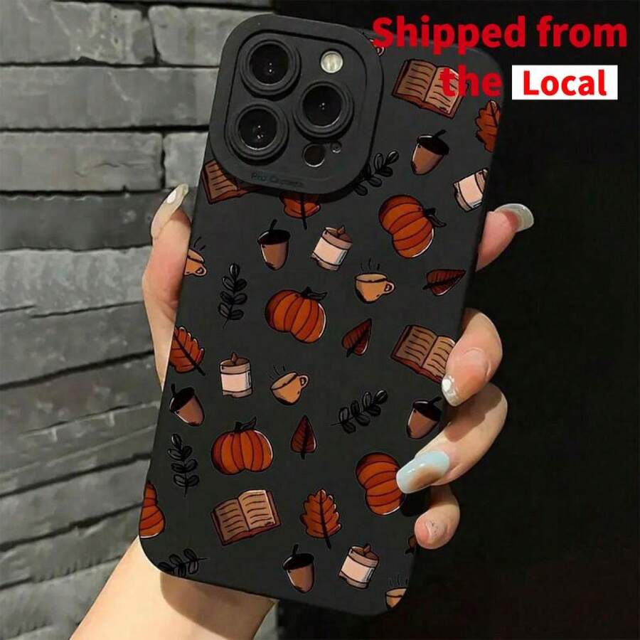 Eine Handyhülle mit einem Cartoon-Kürbis- und Buchdesign, kompatibel mit den -Modellen 11, 12, 13, 14, 15, 16, XS, XR, X, 7, 8 Plus, Pro Max und SE-Serie. Perfekt als Geschenk für eine Freundin, einen Freund, einen Freund oder sogar für sich selbst. - Schwarz - Übersicht 1