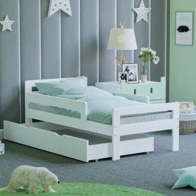 Toddler Bed With Storage White, Solid Pine Toddler Kids Bed Frame With Underbed Drawer Storage Sturdy Wooden Slats Bedroom Kids Furniture