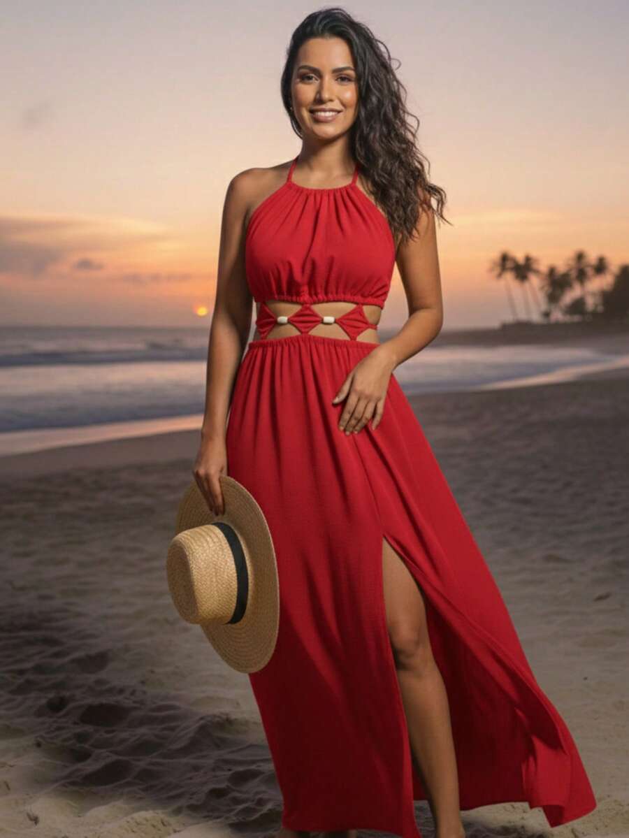 Women's Long Dress With Cutouts And Side Slit, Elegant And Premium Finish. Long Dress With Two Neckline Styles And Side Slit. Features Cutouts, A Slit, And A Tie At The Neckline. Elegant, Casual, Party, Split Fabric, Side Opening, Bare Back, Drawstring Tie. 2-In-1. Suitable For: Beach, Night, Garden, Photoshoot, Street, Birthday Party, Stage And Concert, Bachelorette Party, Travel, Vacation. - 紅色 - 查看 1