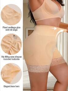 1pc Plus Size Shapewear Bottom, High Waist Tummy Control Slimming Pants With Boned Hem And Lace Body Shaping - Apricot - View 4