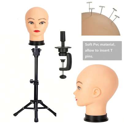 光头模特头，女性专业美容培训模特头，假发支架三脚架，带头，帆布假发头架，带模特头，用于假发制作和展示，非裔美国人模特头，附赠夹式支架