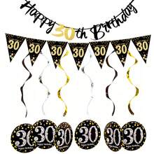 一套黑金生日快乐装饰纸横幅，适用于18/21/30/40/50/60/70/80岁生日主题派对DIY场景装饰横幅套装 - 彩色 - 查看 14