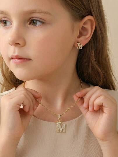 3pcs/Set Simple Fashionable Copper Inlaid Zirconia Crown Letter Pendant Necklace Letter Decoration Earrings Ear Stud Jewelry Set Party Accessories Gift