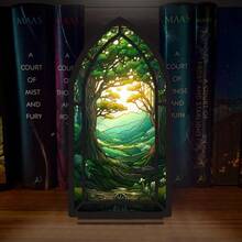 2D平面设计，哥特式图书馆装饰书挡雕像 - 森林秘密书挡，带暖光夜灯，书架装饰，适合读者和爱书人士，迷你阅读角装饰，圣诞节/情人节/感恩节礼物，适用于书架或书桌 - 彩色 - 查看 5