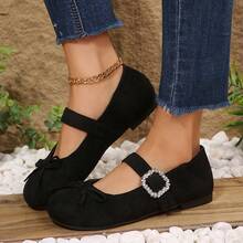 女士纯色仿麂皮绒蝴蝶结装饰平底鞋，时尚芭蕾舞鞋，优雅圆头平底鞋，适合日常通勤和户外穿着，舒适防滑经典乐福鞋 - 黑色 - 查看 3