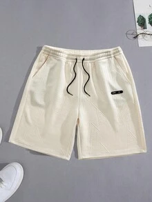 男士纯色抽绳腰休闲口袋提花短裤，宽松抽绳短裤，适合夏季户外街头穿着，男士沙滩短裤，适合作为送给丈夫或男友的礼物 - 杏色 - 查看 6