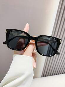 Retro Oversized Square Metal Temple Fashion Glasses, Black Frame Sunglasses Shades For Ladies Women Men Big Face, UV Protection For Summer Driving & Travel - màu đen - Xem 2