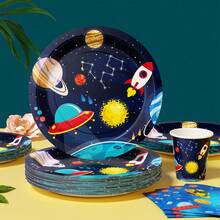100/25/10pcs Set Of Disposable Space Exploration Theme Party Supplies, Including Plates, Napkins, Cups, Suitable For 25 Guests, Ideal For Birthdays, Weddings, Theme Parties, Family Picnics. - Multicolor - View 3
