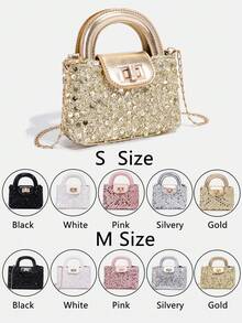 1件装女童新款时尚亮片优雅手提包，高端单肩斜挎包，扭锁装饰五金顶部提手系列，链条肩带包，母女同款包包，钱包，可调节肩带单肩包，适合日常、派对、旅行，理想礼物 - 大小號手提包 - 查看 2