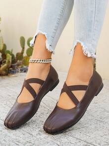 女士芭蕾舞鞋，圆头玛丽珍鞋，宽楦舒适时尚弹力踝带连衣裙鞋，适合日常办公、商务休闲场合。 - 棕色 - 查看 3