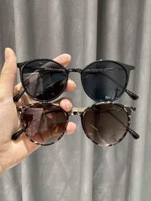 2pcs Plastic & Metal Round Full-Frame Gradient UV Protection Glasses, Modern Minimalist Style For Women, Suitable For Driving, Street Photography, Vacation Outfits, Family Outings, Essential Summer Accessory, Fits All Face Shapes - 2pcs 黑灰白豹紋 - 查看 3