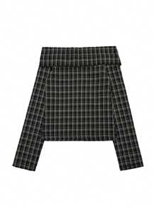 Spring/Autumn Off-Shoulder Button-Down Fitted Plaid Long Sleeve Shirt For Women Black - Black - View 5