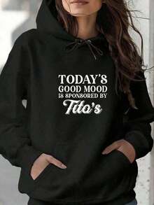 Today's Good Mood Is Sponsored By Tito's Graphic Print Long Sleeve Drawstring Fleece Hoodie Pullover Pocket Sweatshirt For Women, Casual Oversized Long Sleeve Fashion Streetwear Pullover Black White Options, Winter Clothes, Suitable For Parties, Outdoor Activities, And Leisure - Black - View 1