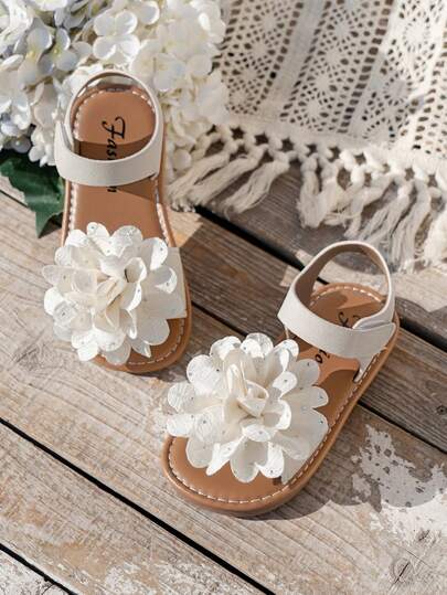 1 Pair Girls' Flat Roman Sandals, Featuring Solid Color Lace Floral Design. Adjustable Strap, Round Toe, Lightweight & Comfortable, Suitable For Girls Aged 3-15 For Summer Beach And Daily Wear