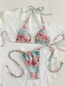 Bộ bikini hai mảnh phong cách Bohemian gợi cảm và dễ thương kiểu Âu Mỹ dành cho nữ, thích hợp mặc đi biển mùa hè, với họa tiết da báo màu hồng, năm 2026. - Hồng - Xem 6